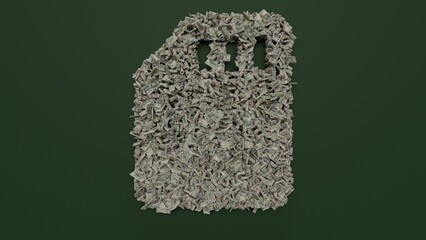 3d rendering of dollar cash rolls and stacks in shape of symbol of technology on green background