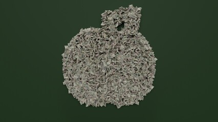 3d rendering of dollar cash rolls and stacks in shape of symbol of apple on green background