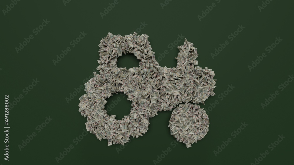 Poster 3d rendering of dollar cash rolls and stacks in shape of symbol of tractor on green background