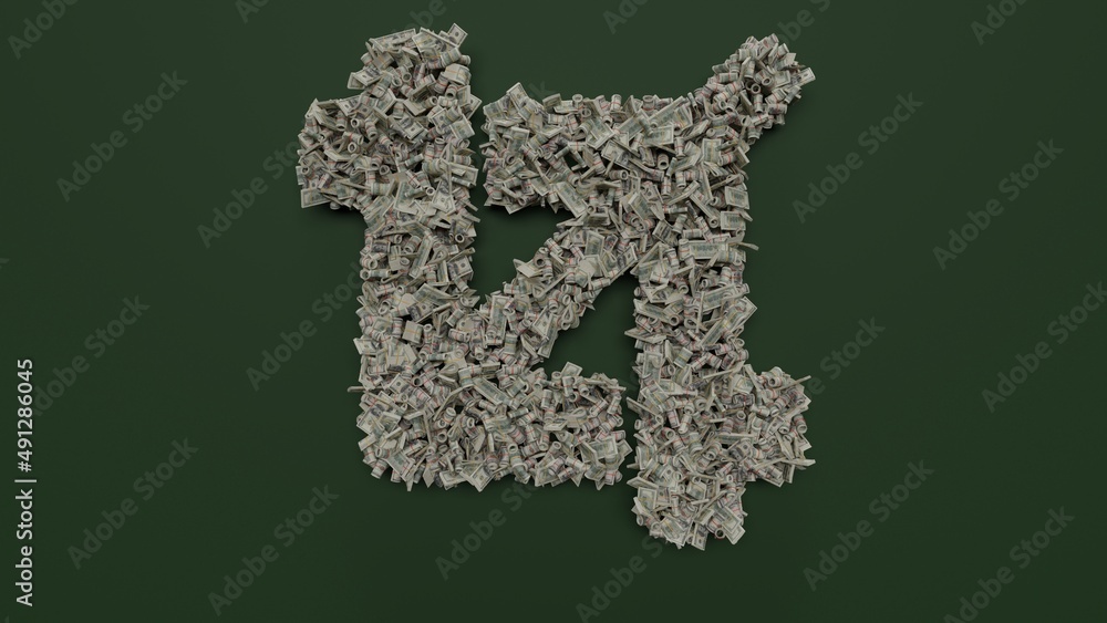Poster 3d rendering of dollar cash rolls and stacks in shape of symbol of crop on green background