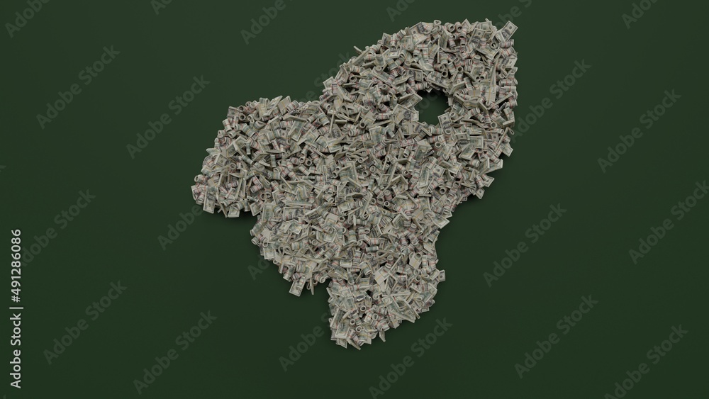 Aufkleber 3d rendering of dollar cash rolls and stacks in shape of symbol of rocket on green background