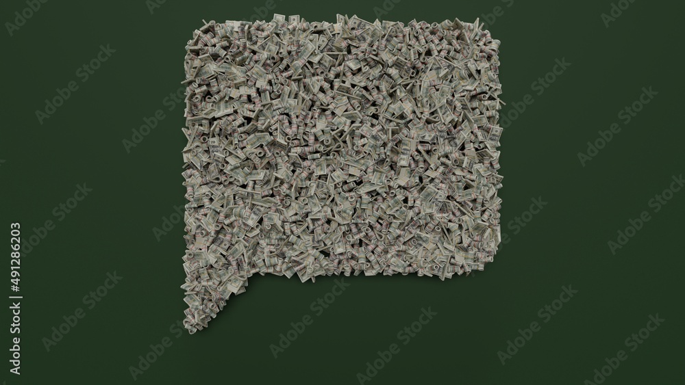 Poster 3d rendering of dollar cash rolls and stacks in shape of symbol of black bubble speech on green back