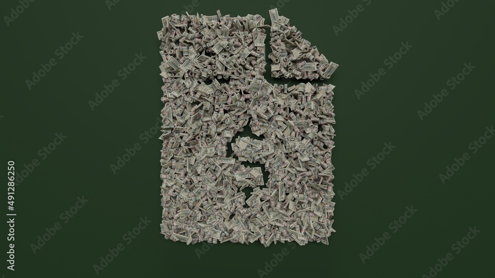 Aufkleber 3d rendering of dollar cash rolls and stacks in shape of symbol of file invoice dollar on green back