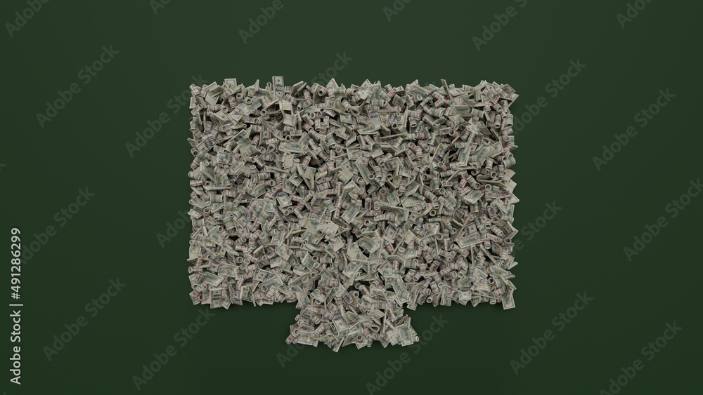 Poster 3d rendering of dollar cash rolls and stacks in shape of symbol of television09 on green background