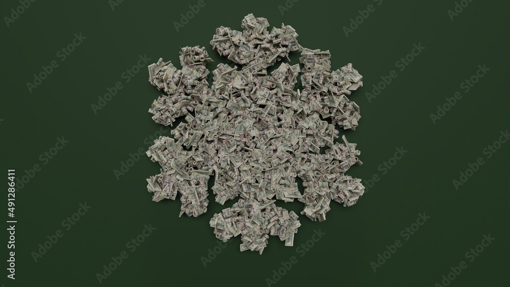 Aufkleber 3d rendering of dollar cash rolls and stacks in shape of symbol of snowflake on green background