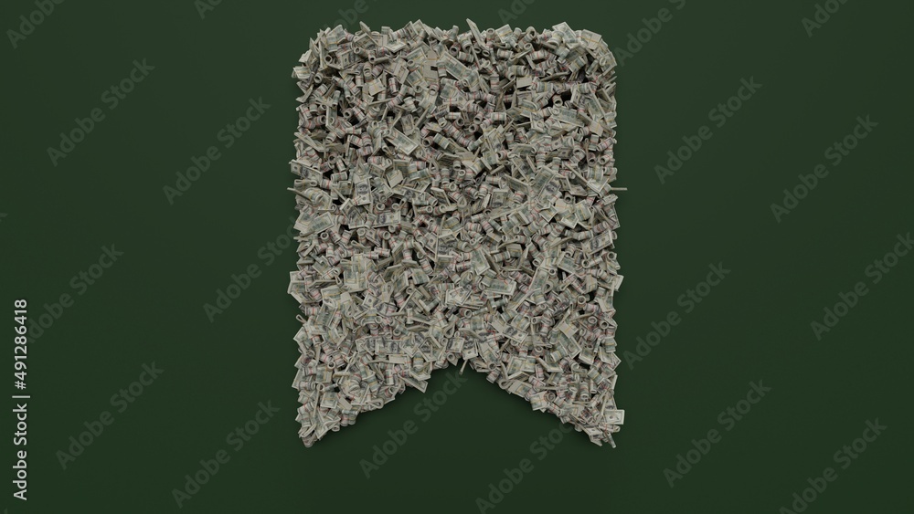 Poster 3d rendering of dollar cash rolls and stacks in shape of symbol of bookmark on green background