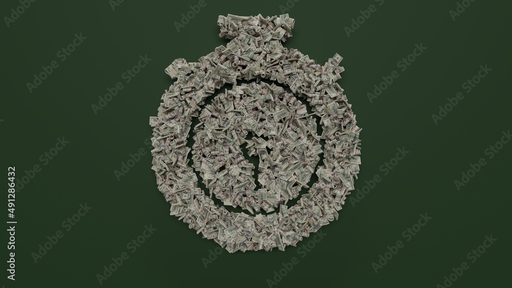 Poster 3d rendering of dollar cash rolls and stacks in shape of symbol of chronometer on green background
