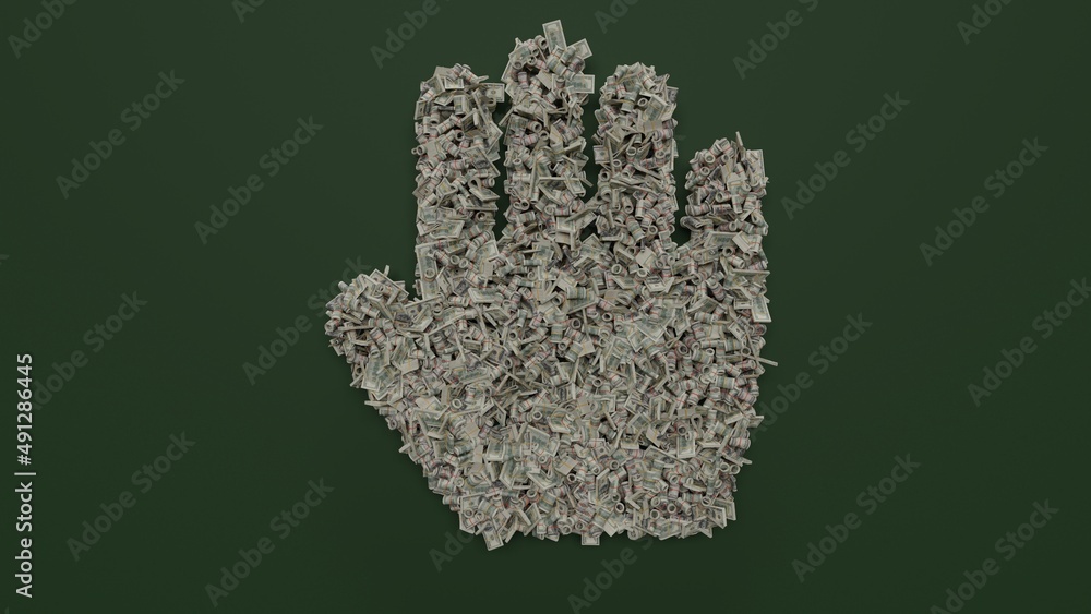 Poster 3d rendering of dollar cash rolls and stacks in shape of symbol of allergies on green background