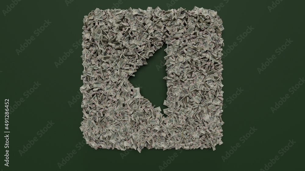 Poster 3d rendering of dollar cash rolls and stacks in shape of symbol of caret square left on green backgr