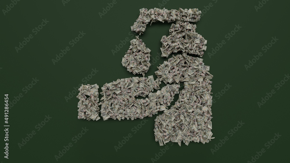 Poster 3d rendering of dollar cash rolls and stacks in shape of symbol of lotion on green background
