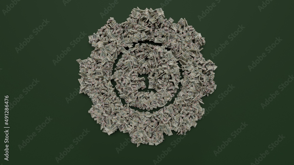 Poster 3d rendering of dollar cash rolls and stacks in shape of symbol of info on green background