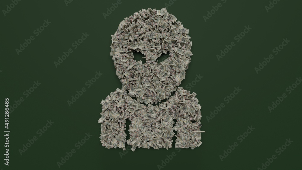 Poster 3d rendering of dollar cash rolls and stacks in shape of symbol of alien head on green background