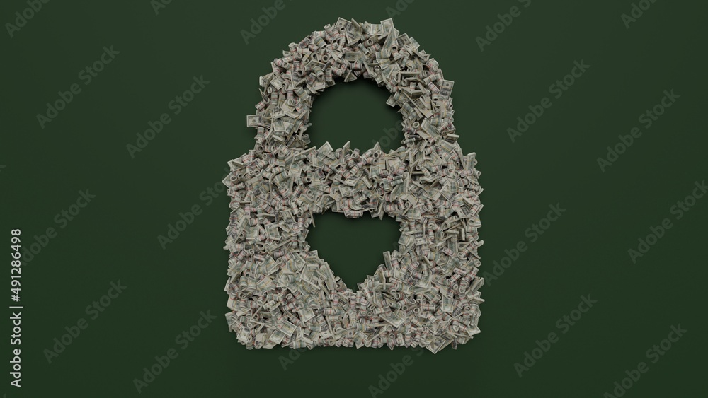 Poster 3d rendering of dollar cash rolls and stacks in shape of symbol of lock on green background
