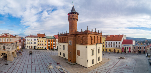 Tarnow, Poland. Old town main square, often called "Pearl of Polish Renaissance” with a mannerist late renaissance town hall with an attic and renaissance tenement houses. Aerial panorama