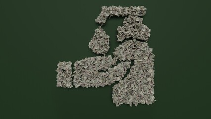 3d rendering of dollar cash rolls and stacks in shape of symbol of lotion on green background
