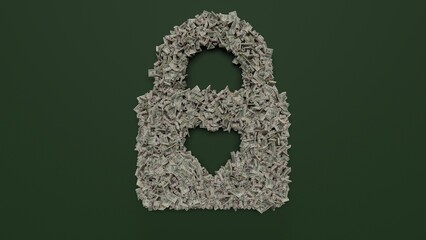 3d rendering of dollar cash rolls and stacks in shape of symbol of lock on green background