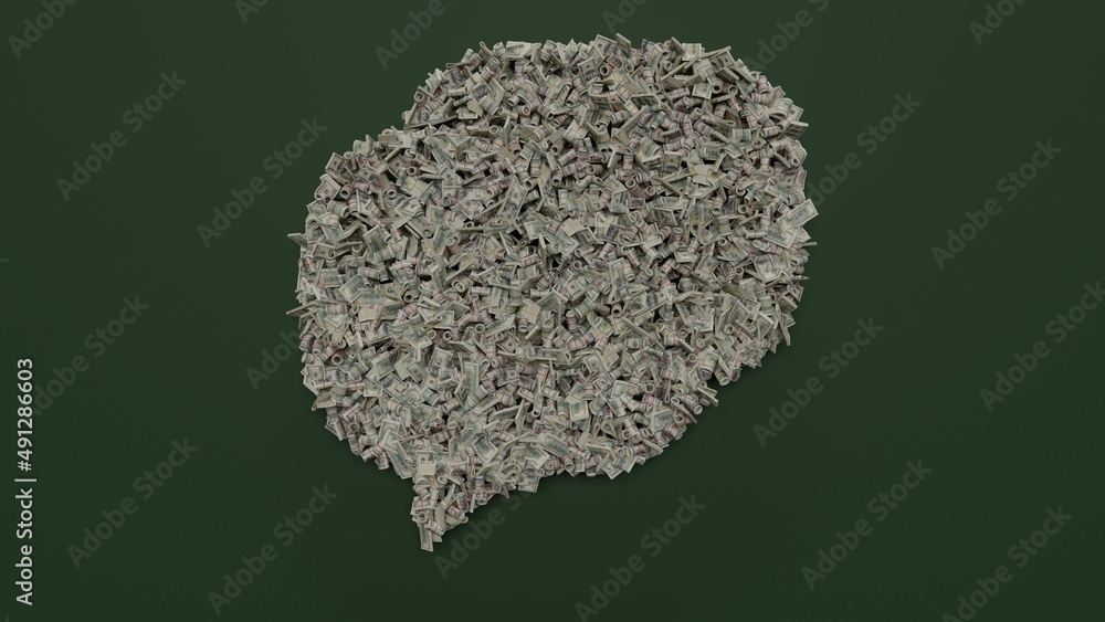 Poster 3d rendering of dollar cash rolls and stacks in shape of symbol of rounded chat bubbles on green bac