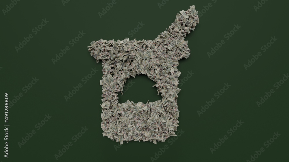 Poster 3d rendering of dollar cash rolls and stacks in shape of symbol of yogurt on green background