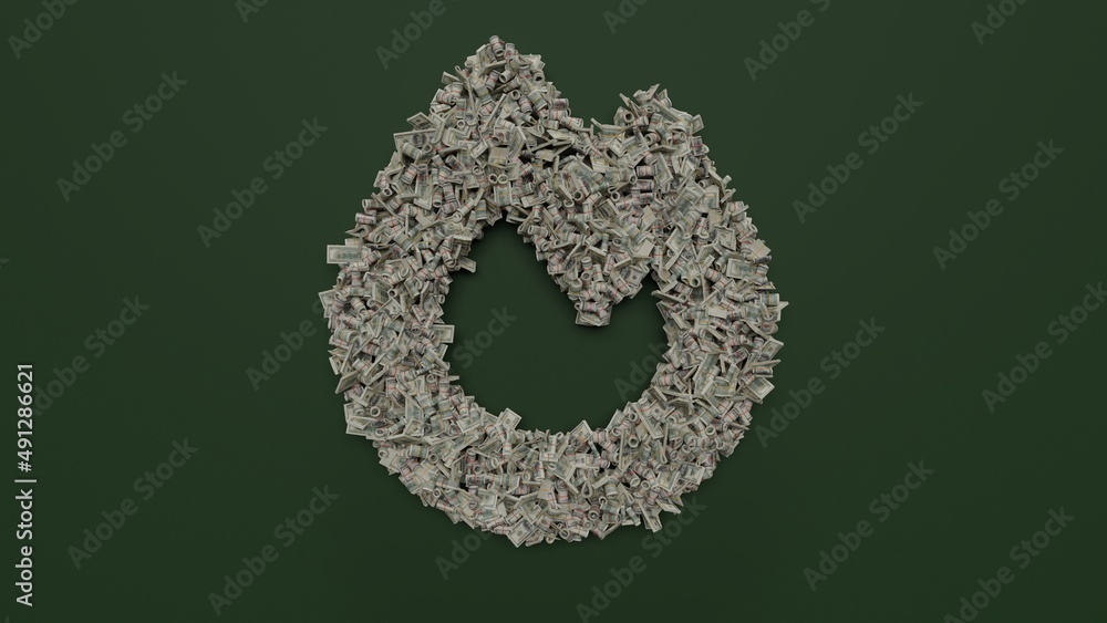 Poster 3d rendering of dollar cash rolls and stacks in shape of symbol of fire on green background