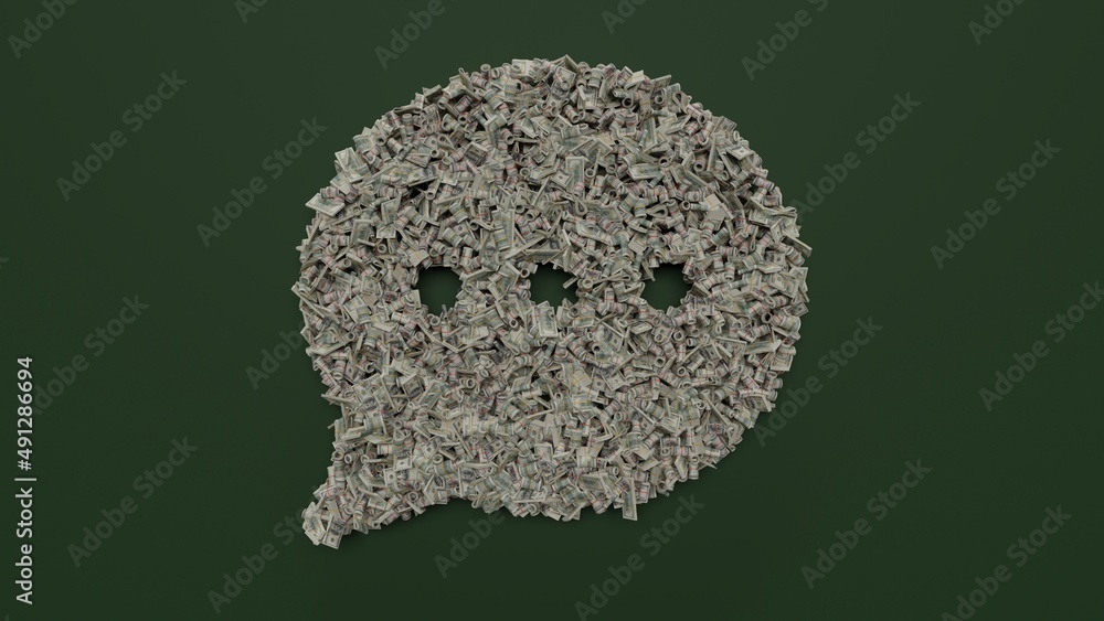 Poster 3d rendering of dollar cash rolls and stacks in shape of symbol of rounded chat bubble on green back