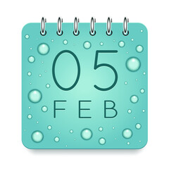 05 day of month. February. Calendar daily icon. Date day week Sunday, Monday, Tuesday, Wednesday, Thursday, Friday, Saturday. Dark Blue text. Cut paper. Water drop dew raindrops. Vector illustration.