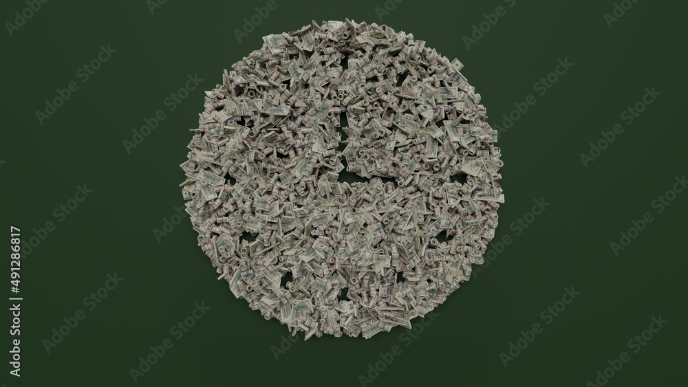 Poster 3d rendering of dollar cash rolls and stacks in shape of symbol of wall clock on green background