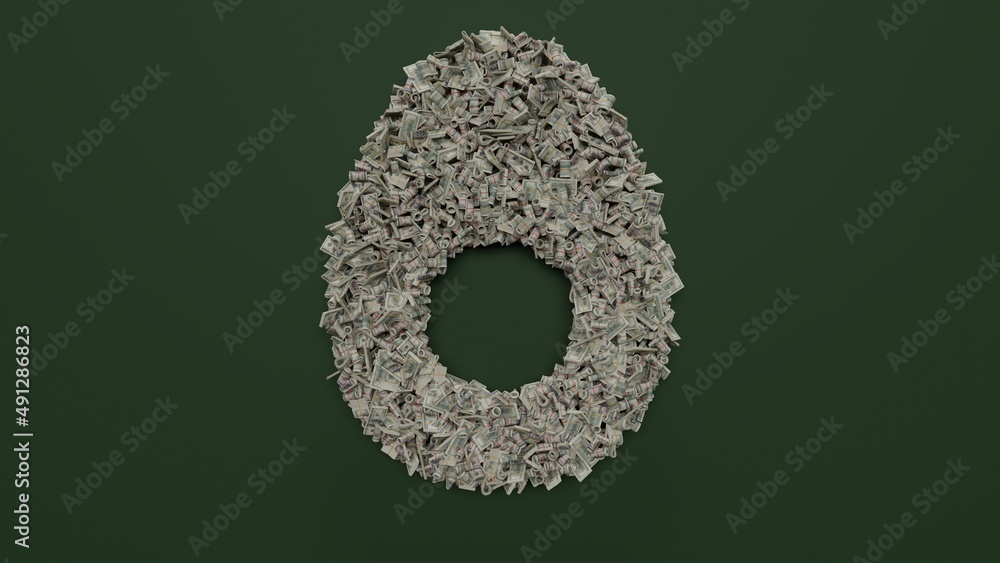 Poster 3d rendering of dollar cash rolls and stacks in shape of symbol of egg on green background