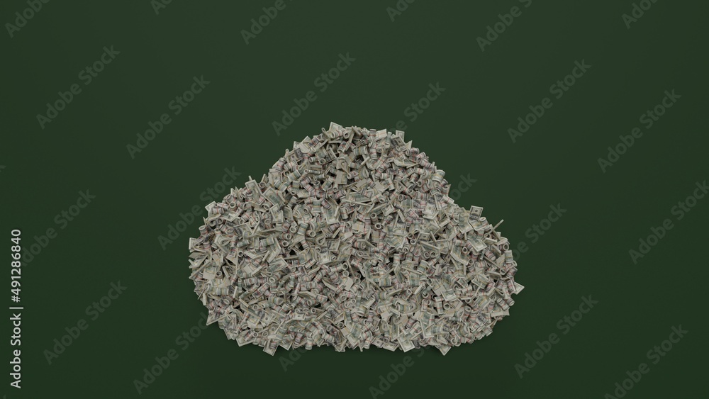 Poster 3d rendering of dollar cash rolls and stacks in shape of symbol of cloud on green background