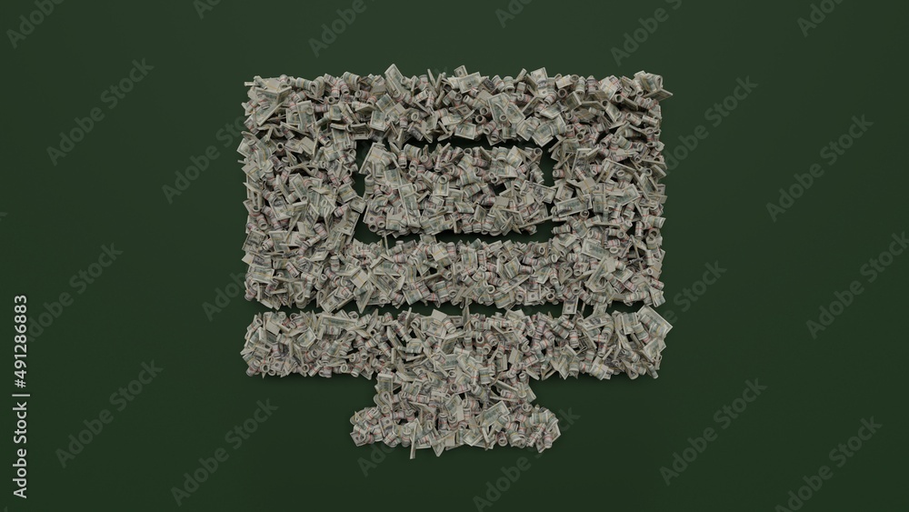 Poster 3d rendering of dollar cash rolls and stacks in shape of symbol of monitor on green background