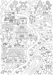 Farm black and white village map. Country life outline background. Vector rural area scene with animals, children, barn, tractor. Countryside plan or coloring page with field, pasture, cottage
