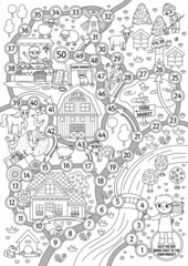 Farm black and white dice board game for children with village map. Outline countryside landscape boardgame.  Rural country coloring page for kids. Help the farmer bring fruit to the farm market.