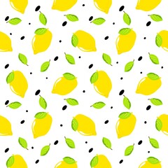 Seamless pattern yellow Lemon and leaves fruit with isolated on white.Bright of delicious fruit illustration used for background