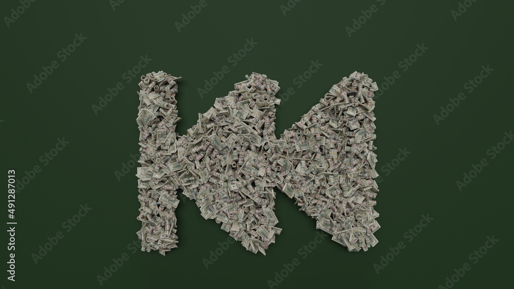 Poster 3d rendering of dollar cash rolls and stacks in shape of symbol of fast backward on green background