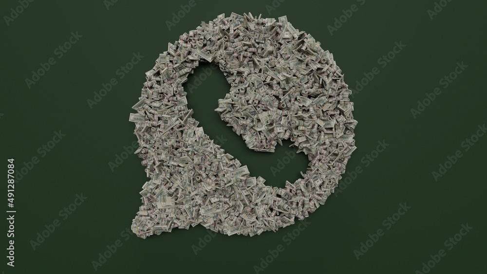 Poster 3d rendering of dollar cash rolls and stacks in shape of symbol of communication whatsapp on green b