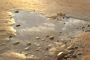 clouds reflected in water on a beach