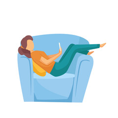 The girl is sitting comfortably in an armchair with a phone. Distance learning, freelance, online.Vector cartoon illustration.