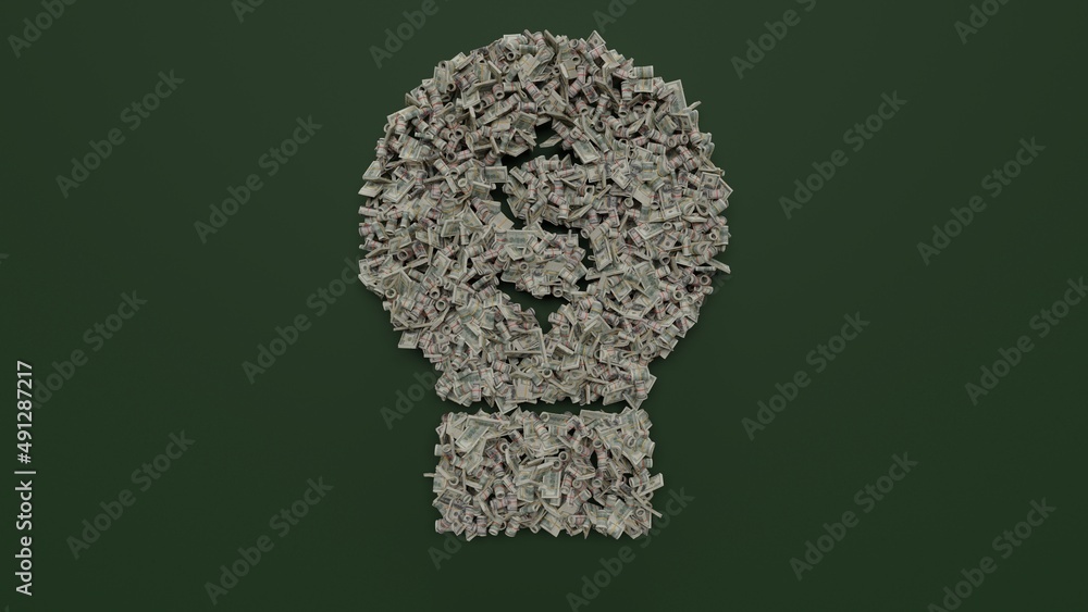Poster 3d rendering of dollar cash rolls and stacks in shape of symbol of idea on green background