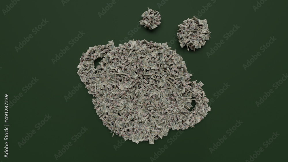 Poster 3d rendering of dollar cash rolls and stacks in shape of symbol of saturn planet on green background