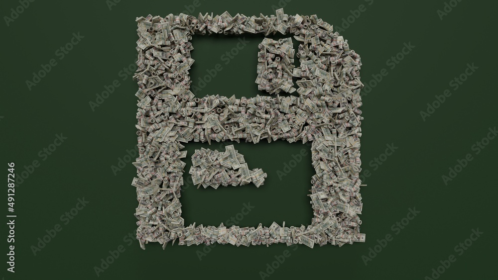 Poster 3d rendering of dollar cash rolls and stacks in shape of symbol of save on green background