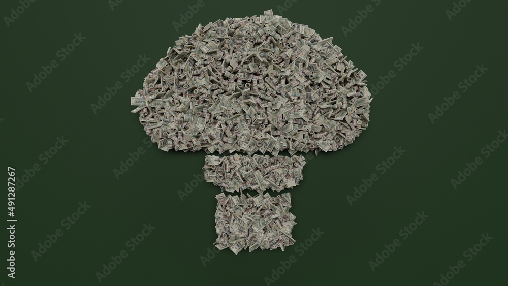 Poster 3d rendering of dollar cash rolls and stacks in shape of symbol of mushroom on green background