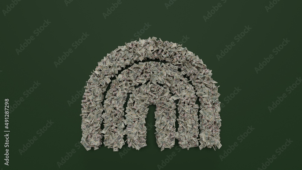 Poster 3d rendering of dollar cash rolls and stacks in shape of symbol of rainbow on green background