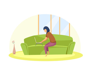 Woman working or studying at home on the couch. Distance learning, freelance, online. Home office concept. Vector cartoon illustration.