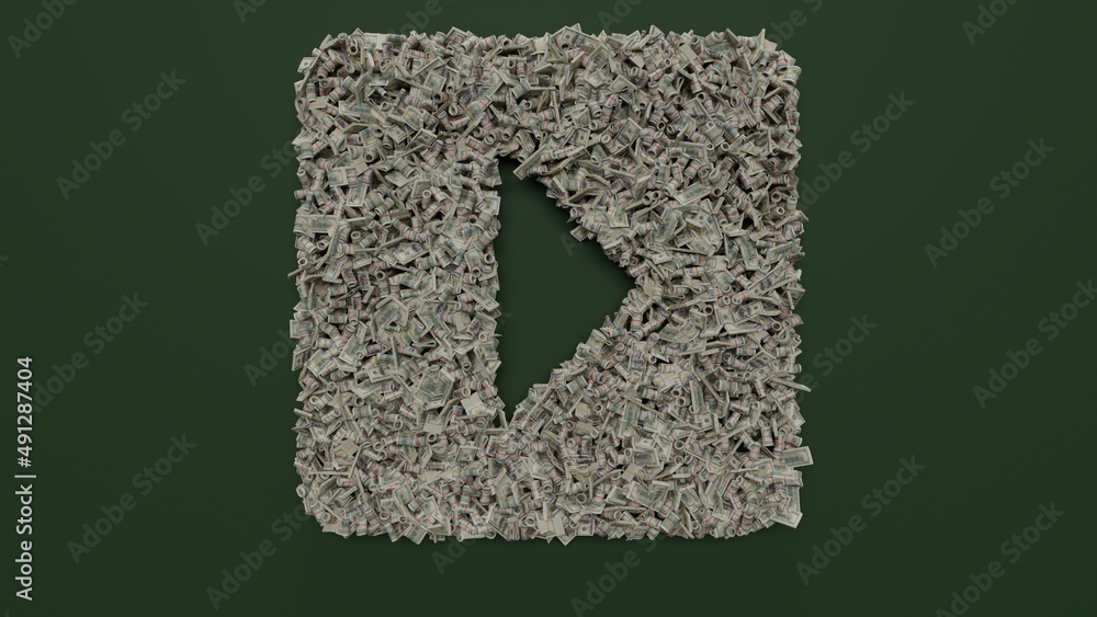 Poster 3d rendering of dollar cash rolls and stacks in shape of symbol of caret square right on green backg