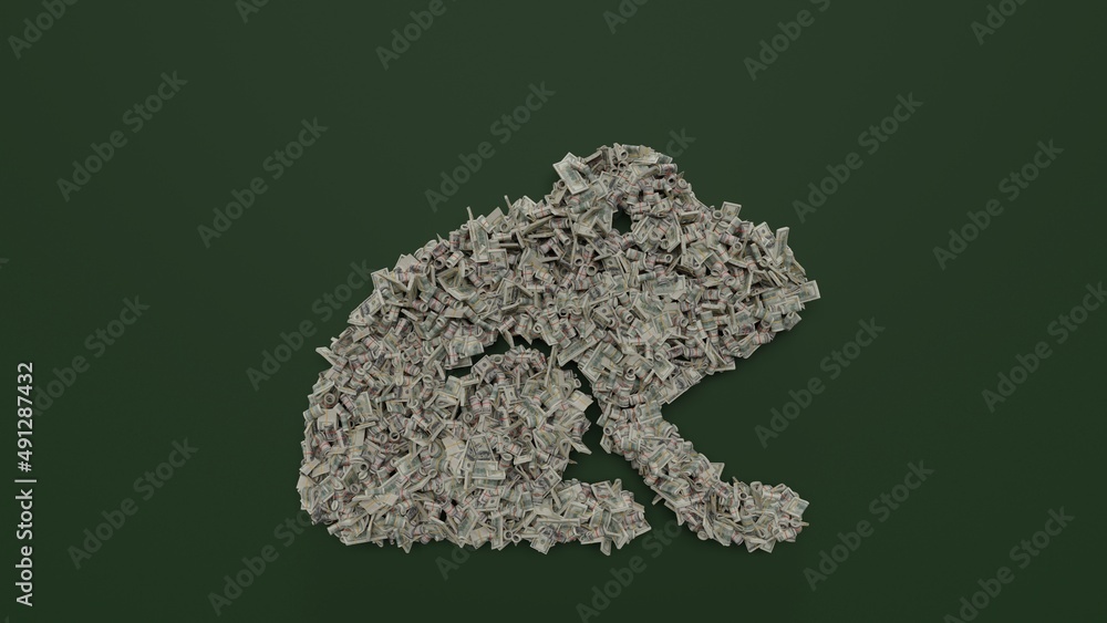Poster 3d rendering of dollar cash rolls and stacks in shape of symbol of frog on green background