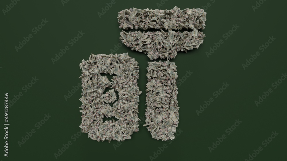 Aufkleber 3d rendering of dollar cash rolls and stacks in shape of symbol of razor on green background