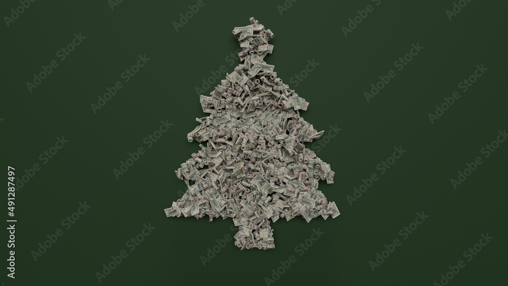 Poster 3d rendering of dollar cash rolls and stacks in shape of symbol of christmas tree on green backgroun