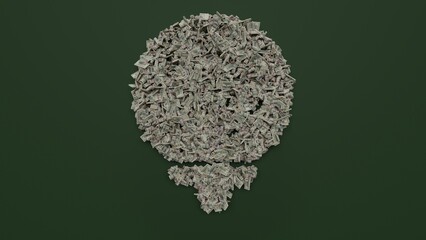3d rendering of dollar cash rolls and stacks in shape of symbol of golf ball on green background