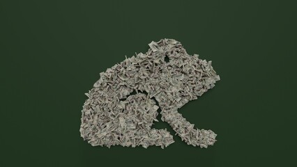3d rendering of dollar cash rolls and stacks in shape of symbol of frog on green background