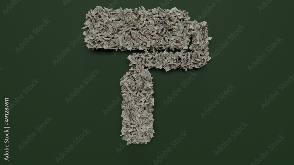 Poster 3d rendering of dollar cash rolls and stacks in shape of symbol of roller on green background