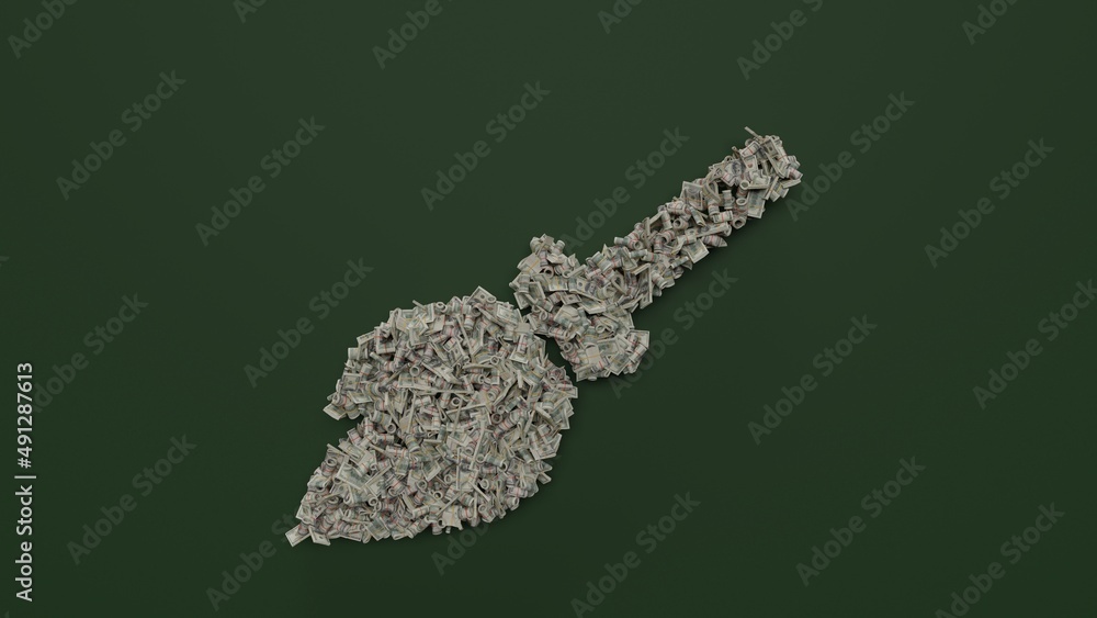 Poster 3d rendering of dollar cash rolls and stacks in shape of symbol of broom on green background